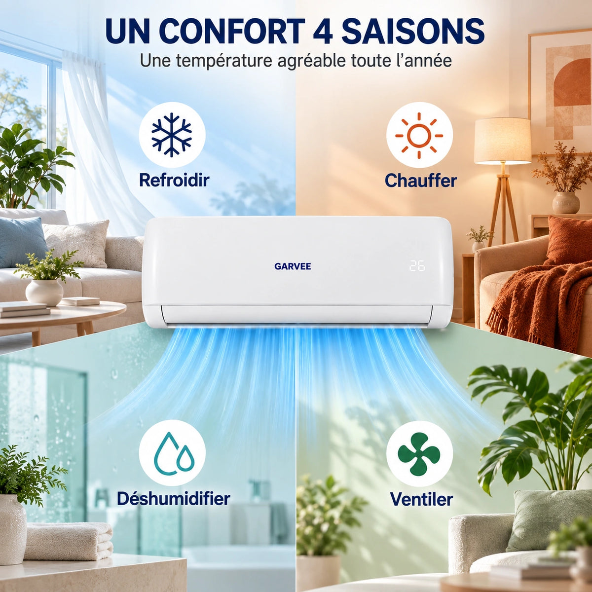 Garvee Climatiseur Split AUX 12000BTU avec chauffage, classe énergétique A++, réfrigérant R32, Wi-Fi et kit d’installation inclus