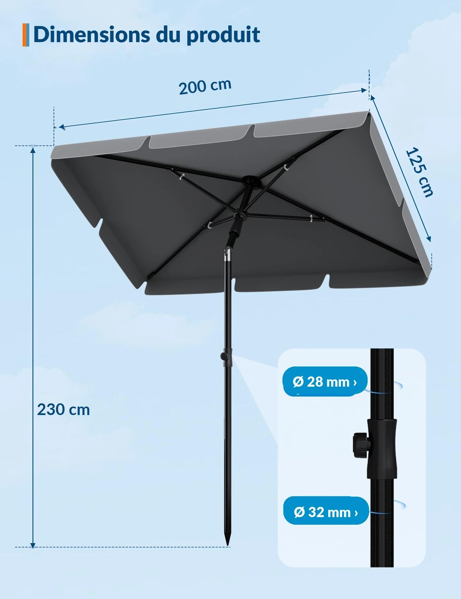 Garvee Parasol de balcon 200x125cm UV50+, inclinable et réglable en hauteur, aluminium anthracite, pour balcon et terrasse