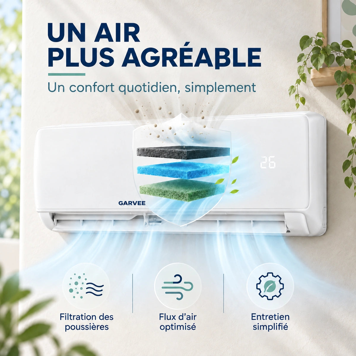 Garvee Climatiseur Split AUX 12000BTU avec chauffage, classe énergétique A++, réfrigérant R32, Wi-Fi et kit d’installation inclus