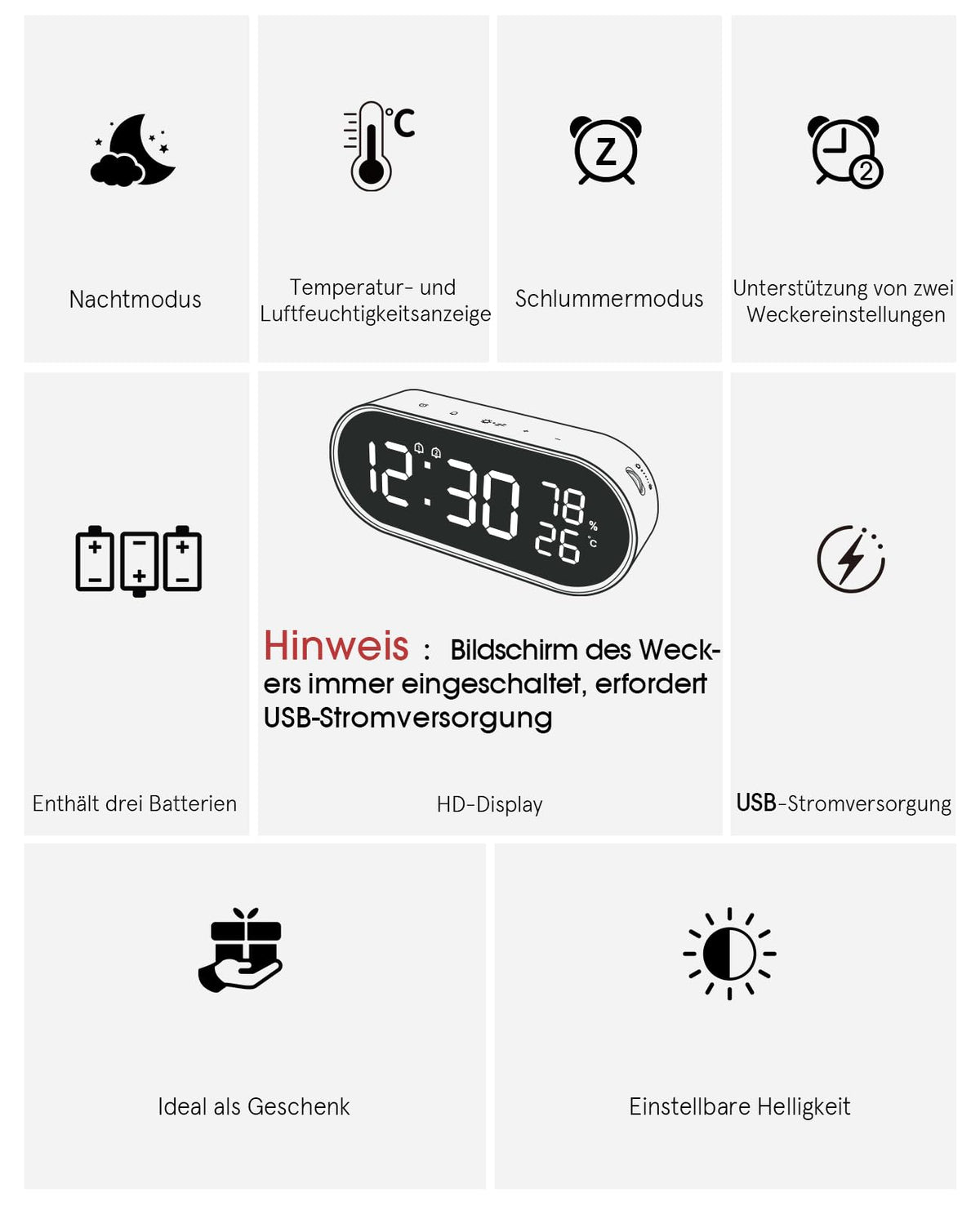 Garvee Réveil LED numérique grand écran avec double alarme, luminosité réglable, recharge USB, pour mur ou table, blanc