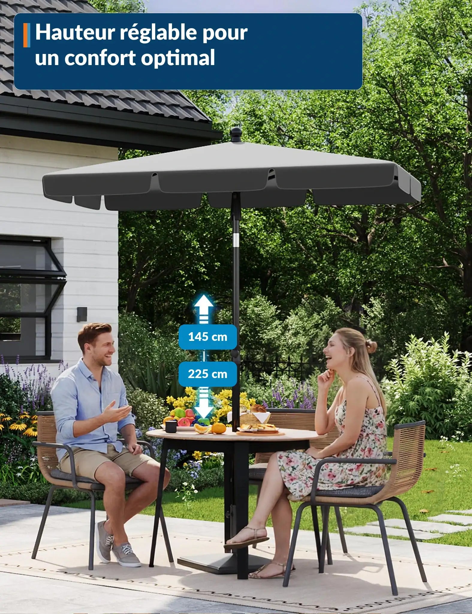 Garvee Parasol de balcon 200x125cm UV50+, inclinable et réglable en hauteur, aluminium anthracite, pour balcon et terrasse