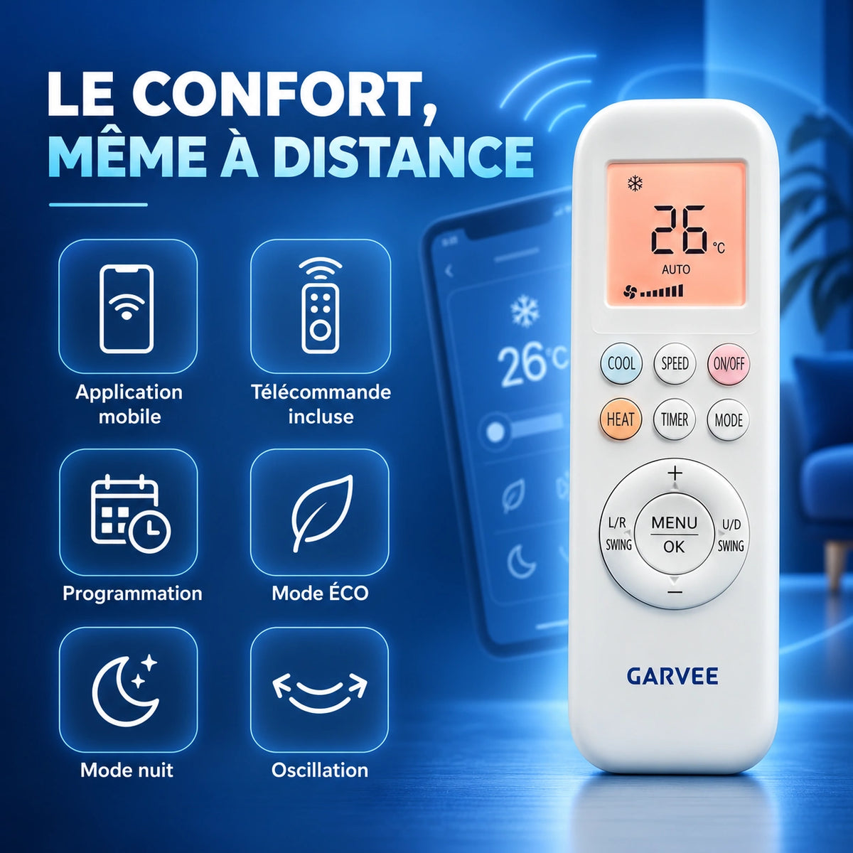Garvee Climatiseur Split AUX 12000BTU avec chauffage, classe énergétique A++, réfrigérant R32, Wi-Fi et kit d’installation inclus