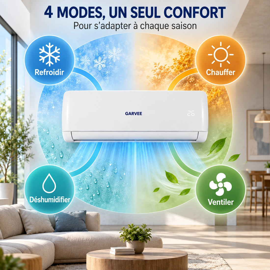 Garvee Climatiseur split AUX 9000BTU, A++ R32, WiFi, climatisation réversible intelligente pour maison