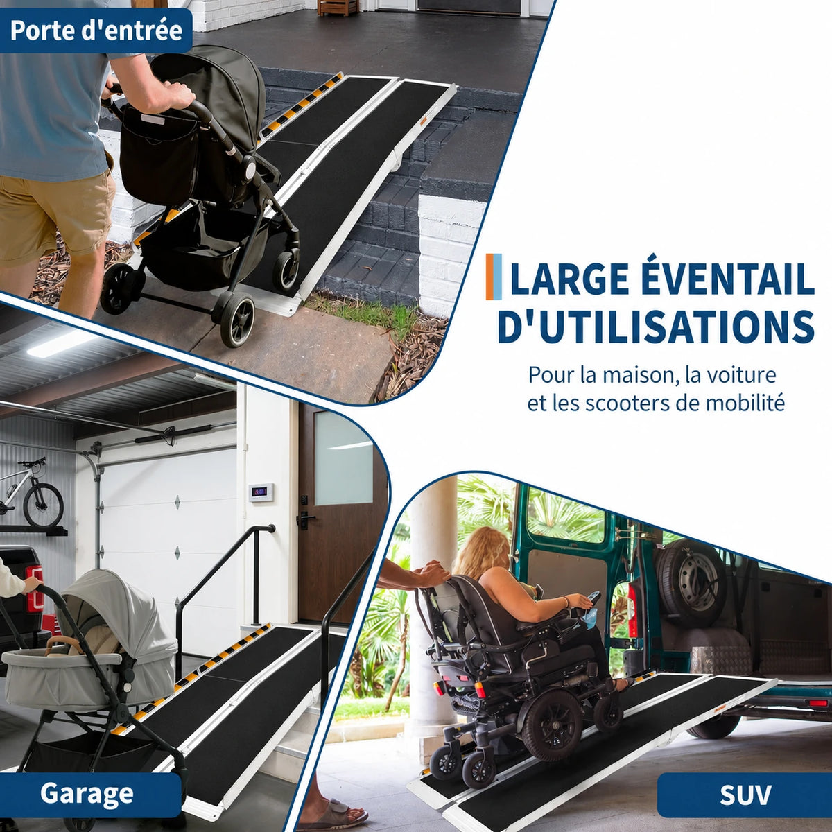Garvee Rampe d’accès pliable 213x74cm en aluminium, surface antidérapante, charge 272kg, pliage en 4 avec paire de gants, noire
