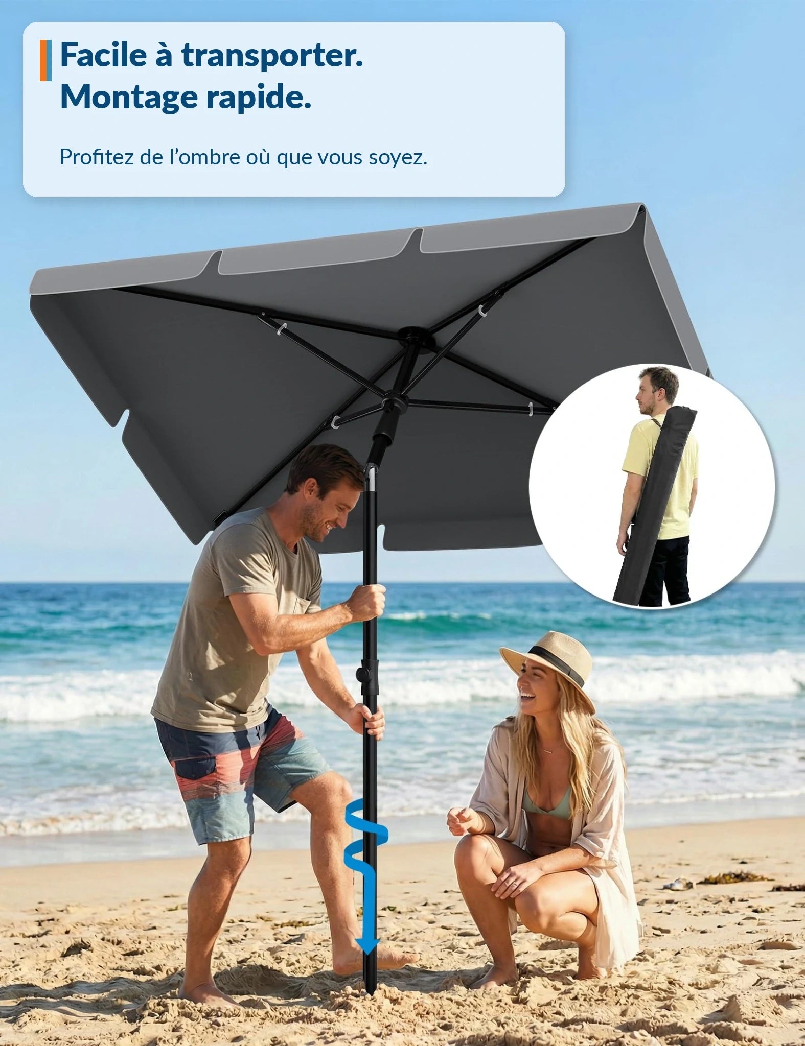 Garvee Parasol de balcon 200x125cm UV50+, inclinable et réglable en hauteur, aluminium anthracite, pour balcon et terrasse