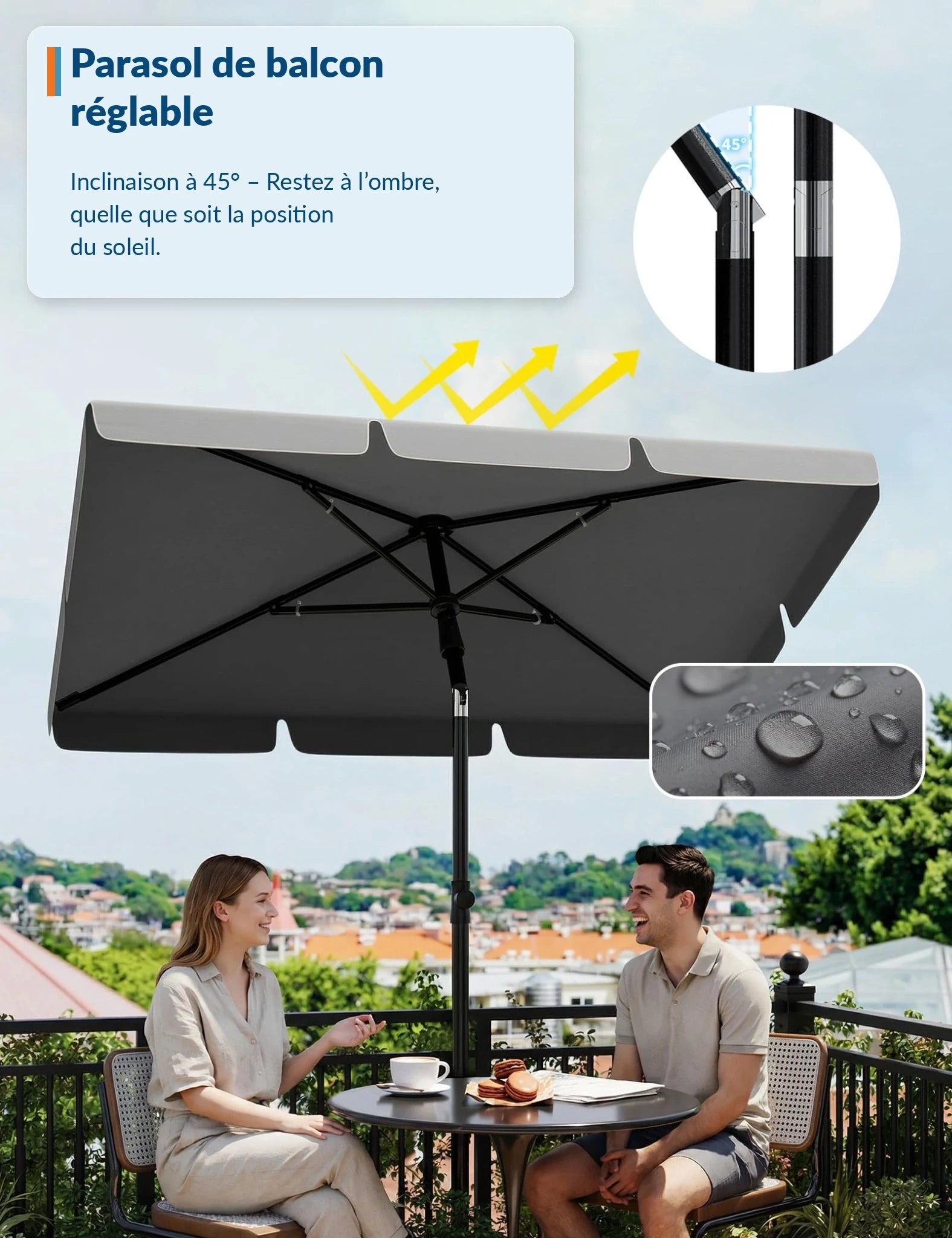 Garvee Parasol de balcon 200x125cm UV50+, inclinable et réglable en hauteur, aluminium anthracite, pour balcon et terrasse