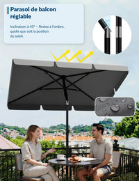 Garvee Parasol de balcon 200x125cm UV50+, inclinable et réglable en hauteur, aluminium anthracite, pour balcon et terrasse