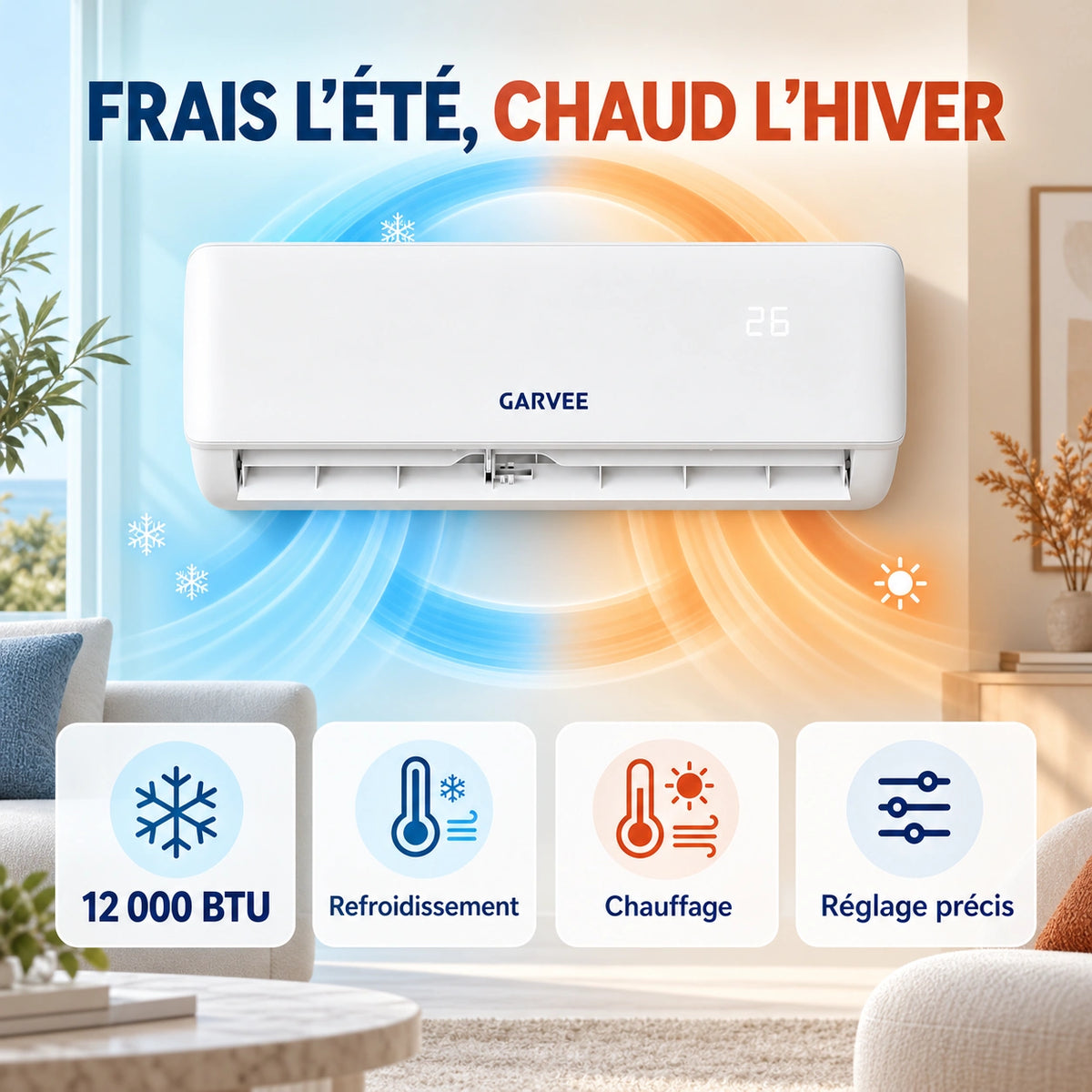 Garvee Climatiseur Split AUX 12000BTU avec chauffage, classe énergétique A++, réfrigérant R32, Wi-Fi et kit d’installation inclus