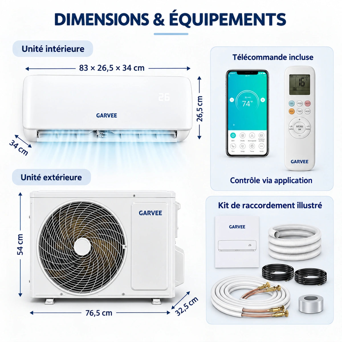 Garvee Climatiseur Split AUX 12000BTU avec chauffage, classe énergétique A++, réfrigérant R32, Wi-Fi et kit d’installation inclus