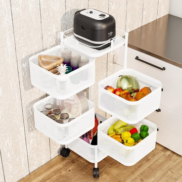 Garvee Chariot de rangement 5 niveaux en acier carbone, 5 compartiments, organisateur pour bureau, cuisine, fruits et jouets, Blanc, 94 × 28 × 28 cm