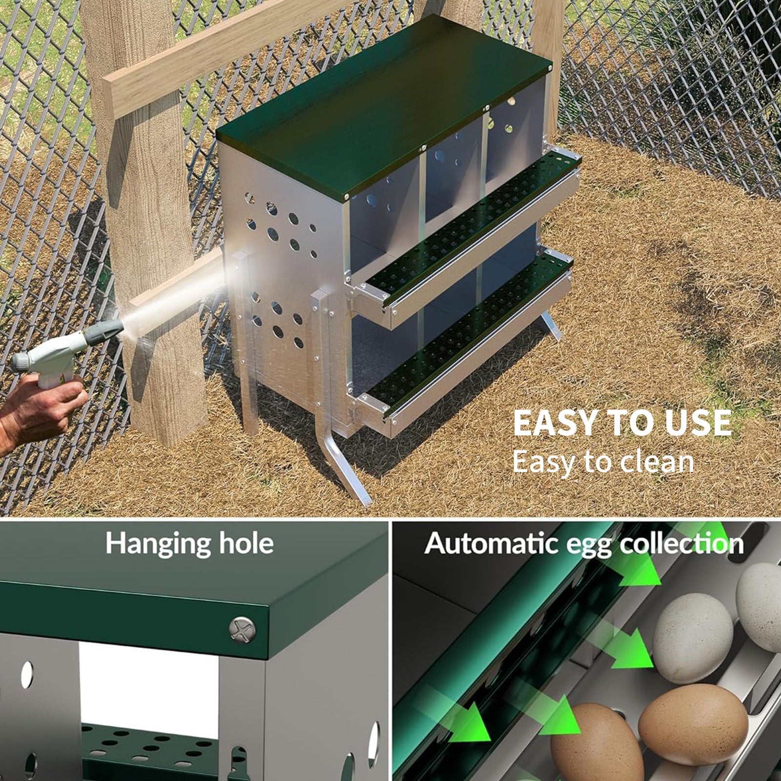 Nichoirs Garvee pour poules, 6 compartiments, en métal, dimensions totales avec support : 69 x 43 x 78 cm, dimensions par compartiment : 23 x 25 x 21,5 cm, acier galvanisé étanche, pour 6 poules (vert)