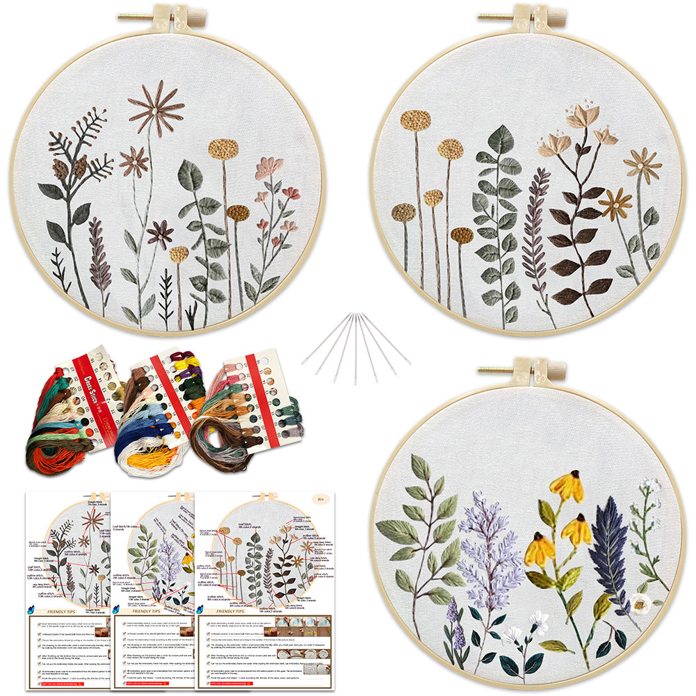 Kit de broderie Garvee 3 pièces pour débutants avec motifs floraux, 3 cercles à broder, instructions, ciseaux, point de croix, coton, décoration de salon