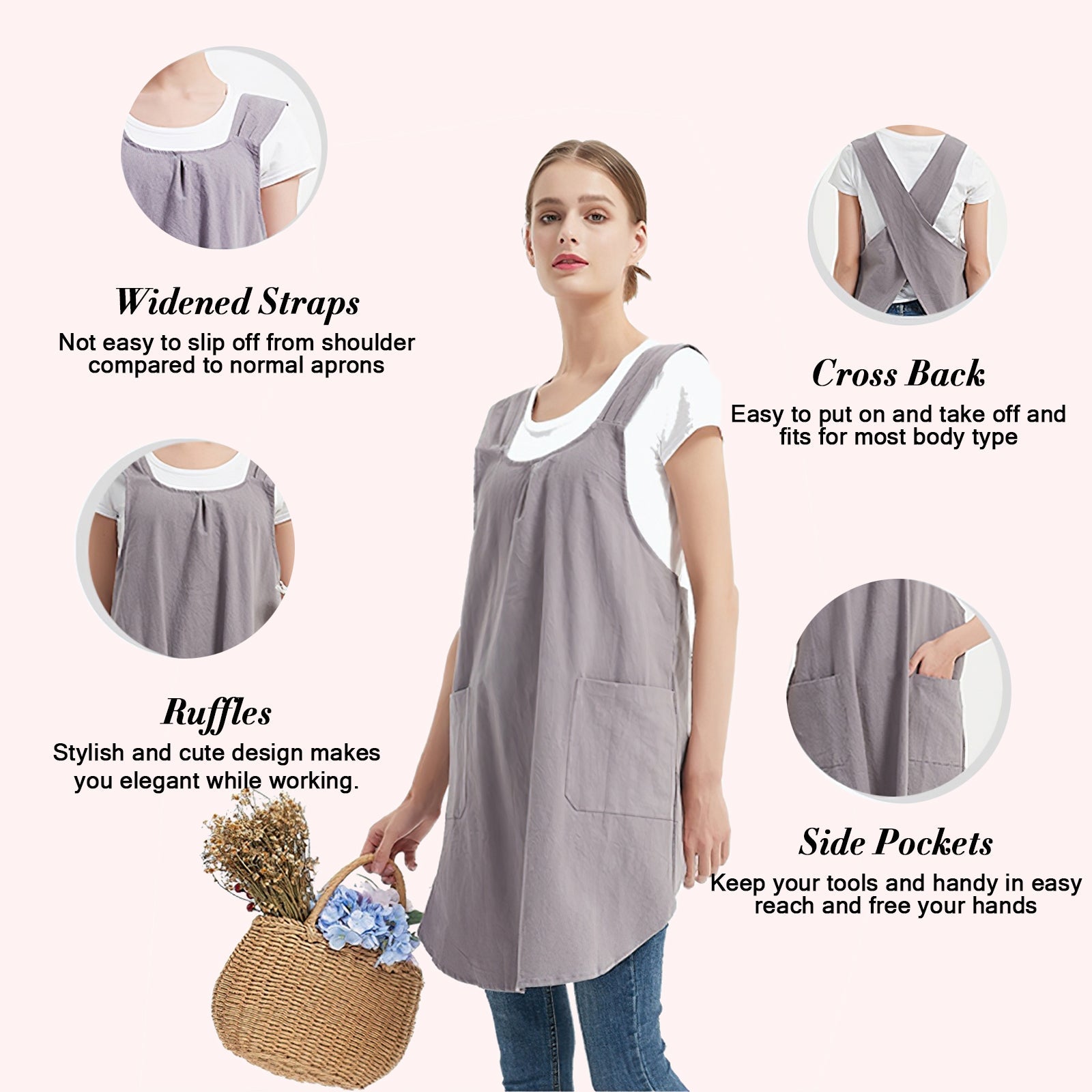 Tablier de cuisine Garvee pour femme, avec 2 poches, en coton et lin, pour le jardin et la cuisine, gris, ajustable et confortable.