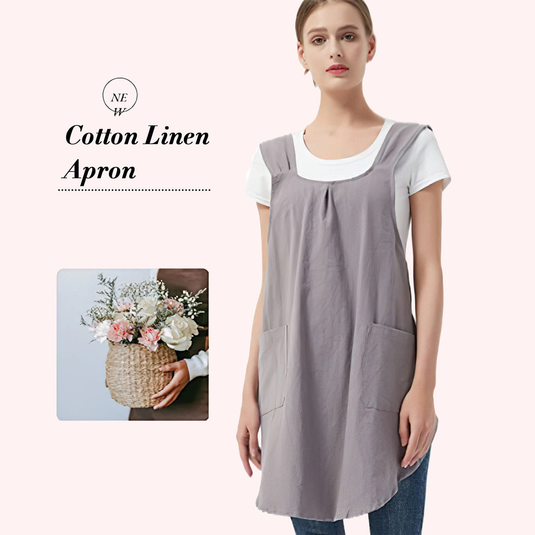 Garvee Tablier en coton et lin pour femme, style tablier, bretelles croisées ouvertes, 2 grandes poches, idéal pour la cuisine et les grillades, 72 × 90 cm, couleur naturelle, Gris