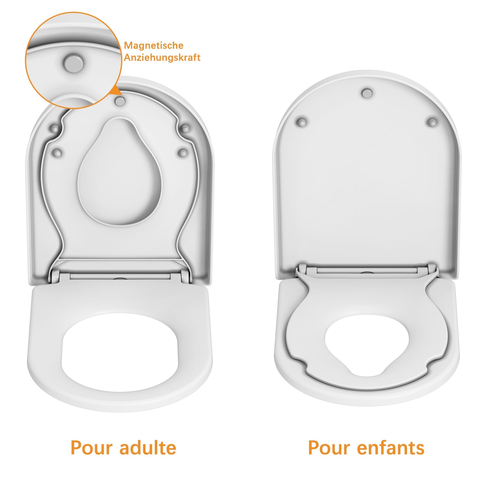 Abattant de toilettes Garvee avec siège enfant intégré, fermeture amortie, démontage rapide, fixation inaltérable, nettoyage facile - Abattant de toilettes blanc en forme de D avec siège enfant, pour toute la famille