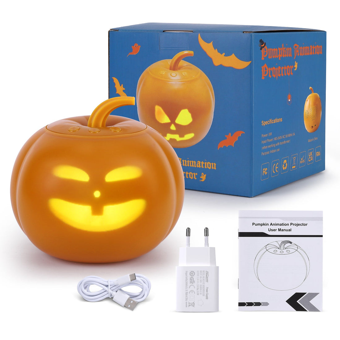 Lampe de projection citrouille animée GARVEE pour Halloween, avec 16 animations et effets sonores, en anglais, pour une utilisation intérieure et extérieure, orange.