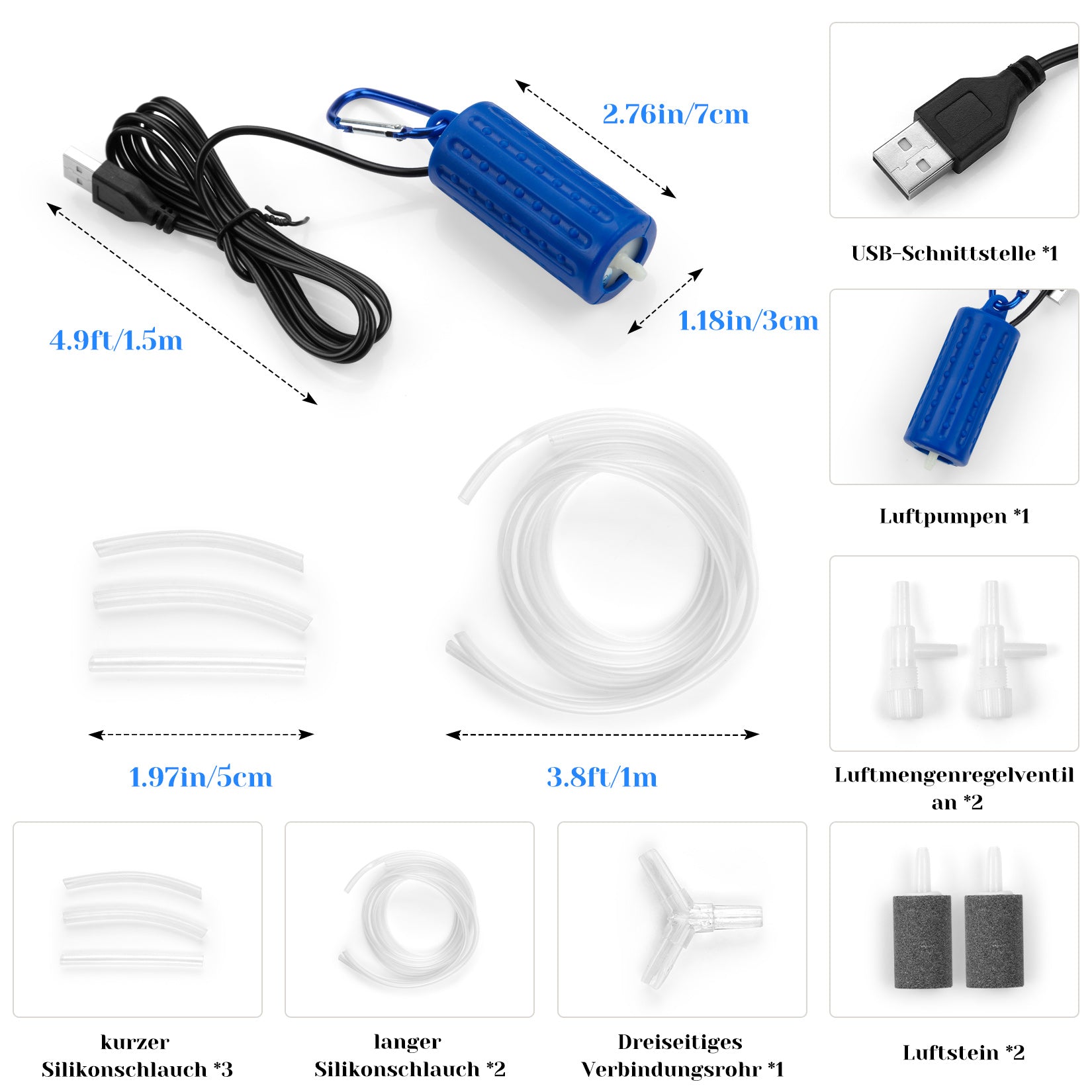 Pompe à air pour aquarium GARVEE Mini USB avec double diffuseur pour poissons d'intérieur et d'extérieur, silencieuse, portable, tube en silicone