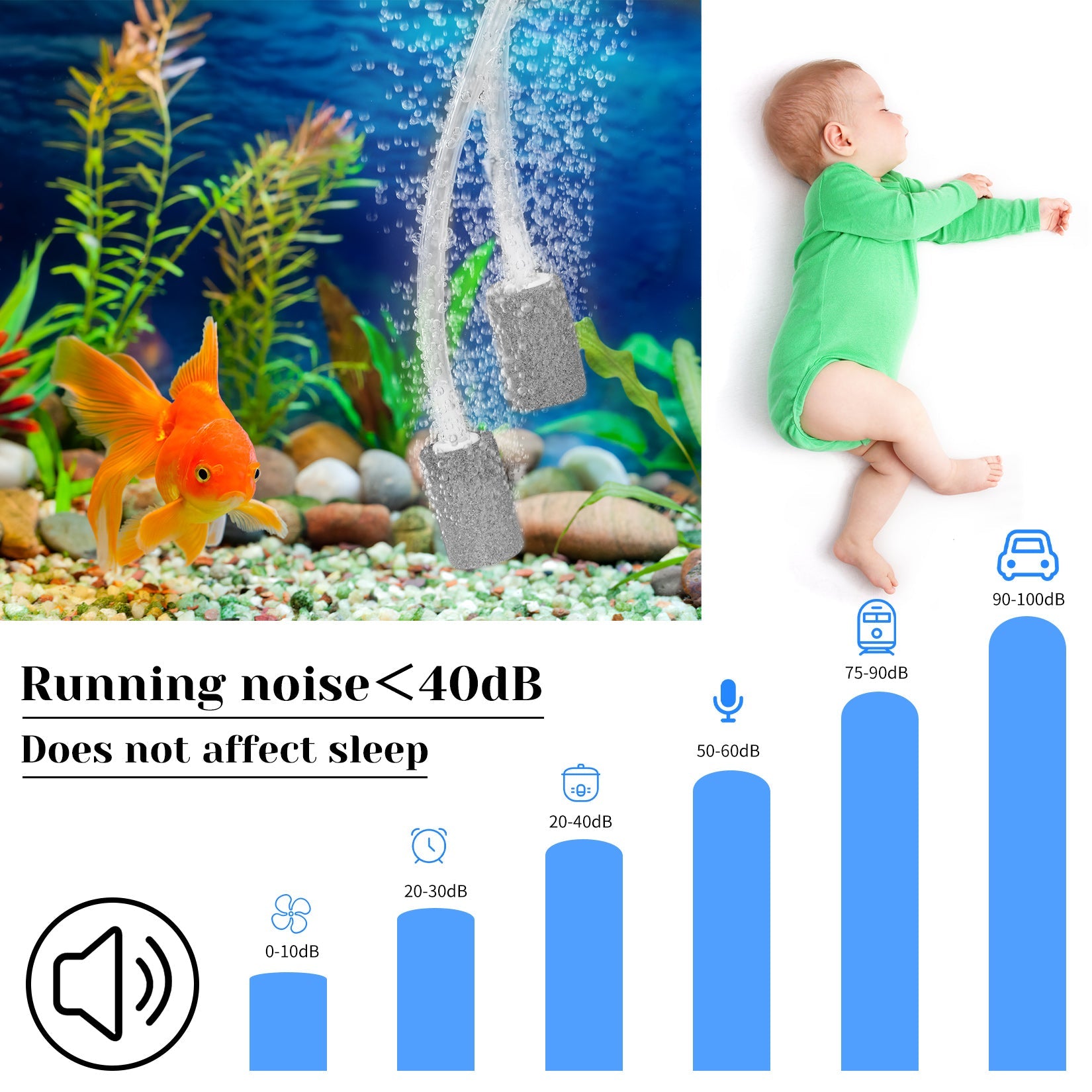 Pompe à air pour aquarium GARVEE Mini USB avec double diffuseur pour poissons d'intérieur et d'extérieur, silencieuse, portable, tube en silicone