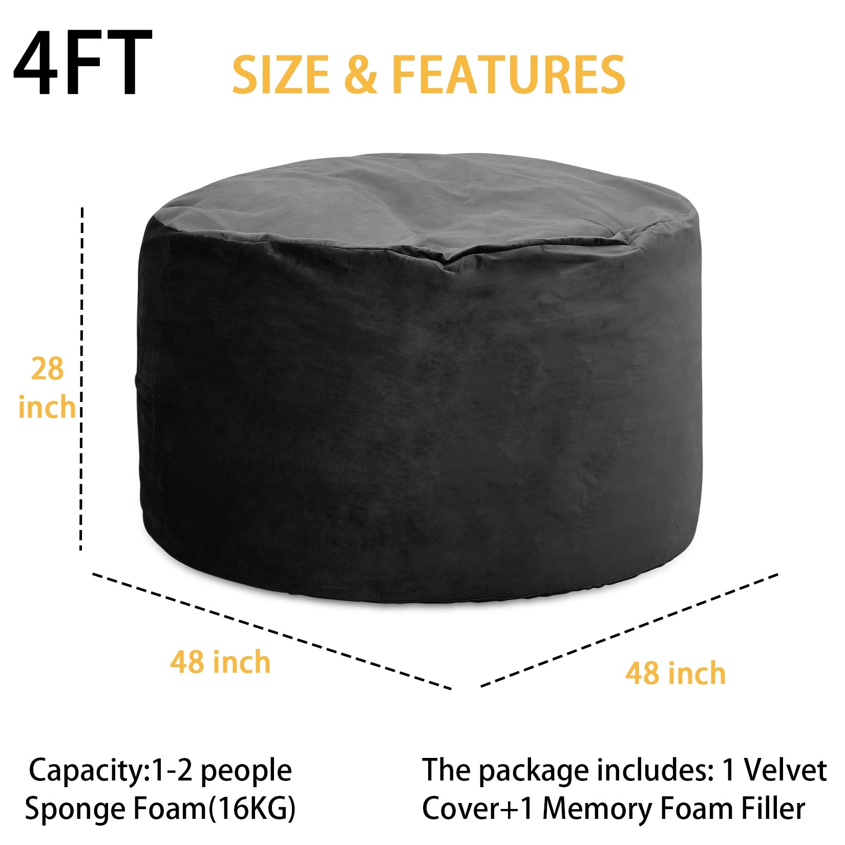 Pouf Garvee de 120 cm en mousse à mémoire de forme pour adultes, grand format, style canapé, housse amovible en microfibre, noir, idéal pour le salon