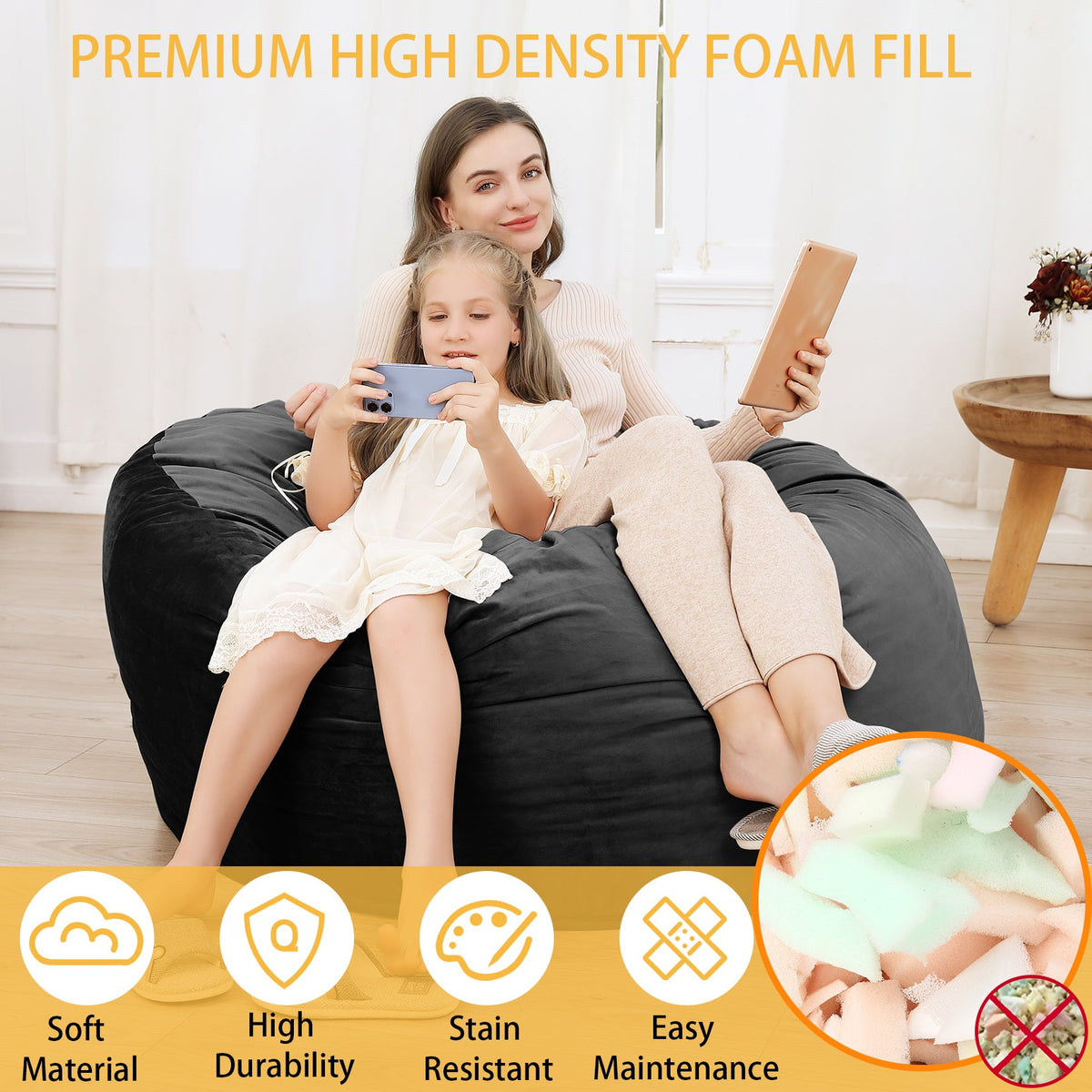 Pouf Garvee de 120 cm en mousse à mémoire de forme pour adultes, grand format, style canapé, housse amovible en microfibre, noir, idéal pour le salon