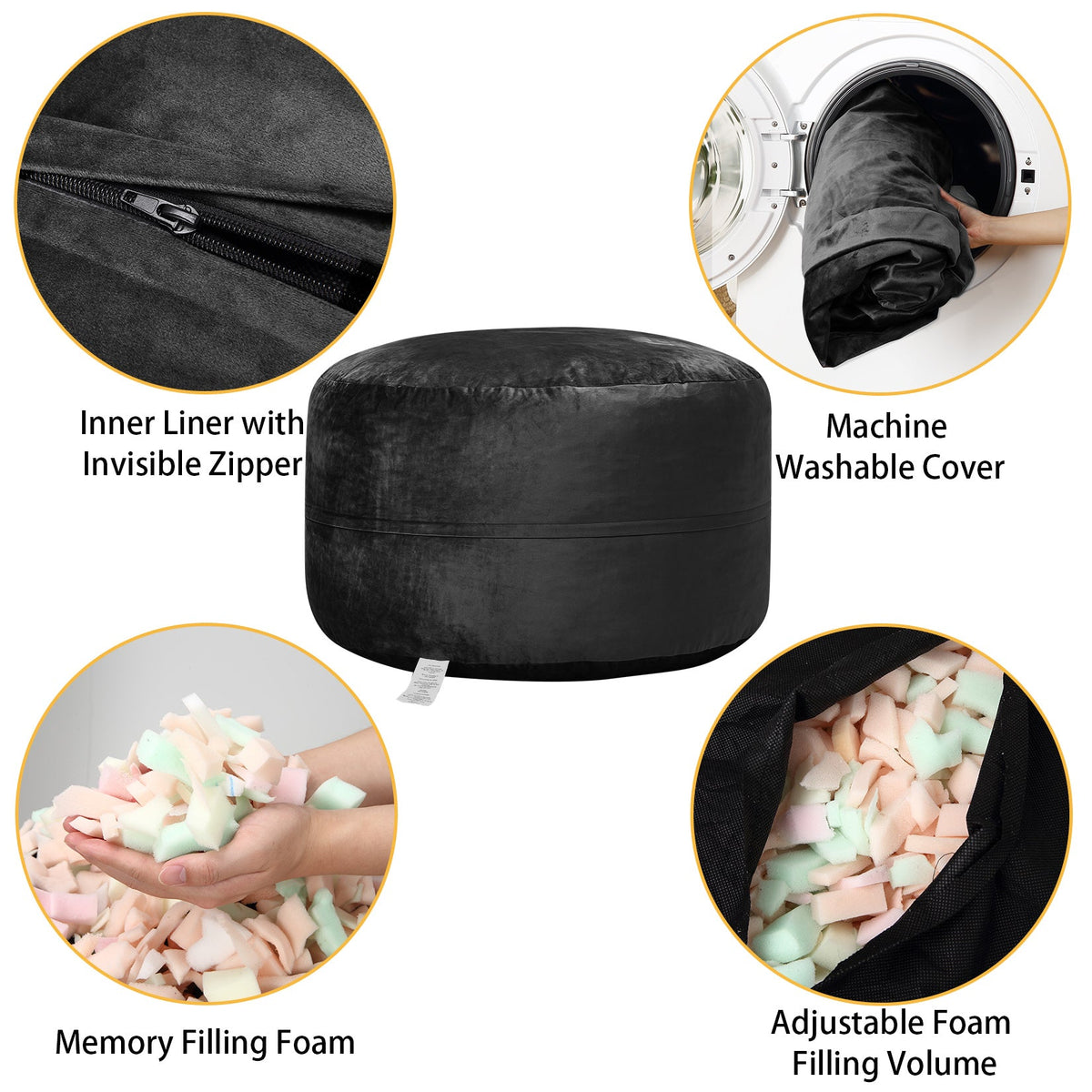 Pouf Garvee de 120 cm en mousse à mémoire de forme pour adultes, grand format, style canapé, housse amovible en microfibre, noir, idéal pour le salon