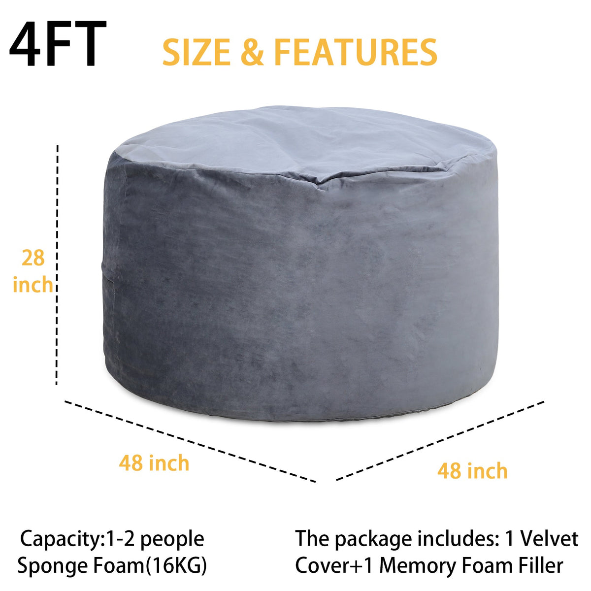 Pouf Garvee de 120 cm en mousse à mémoire de forme, grand format, style canapé, housse douce en microfibre, amovible, gris, pour le salon et la détente