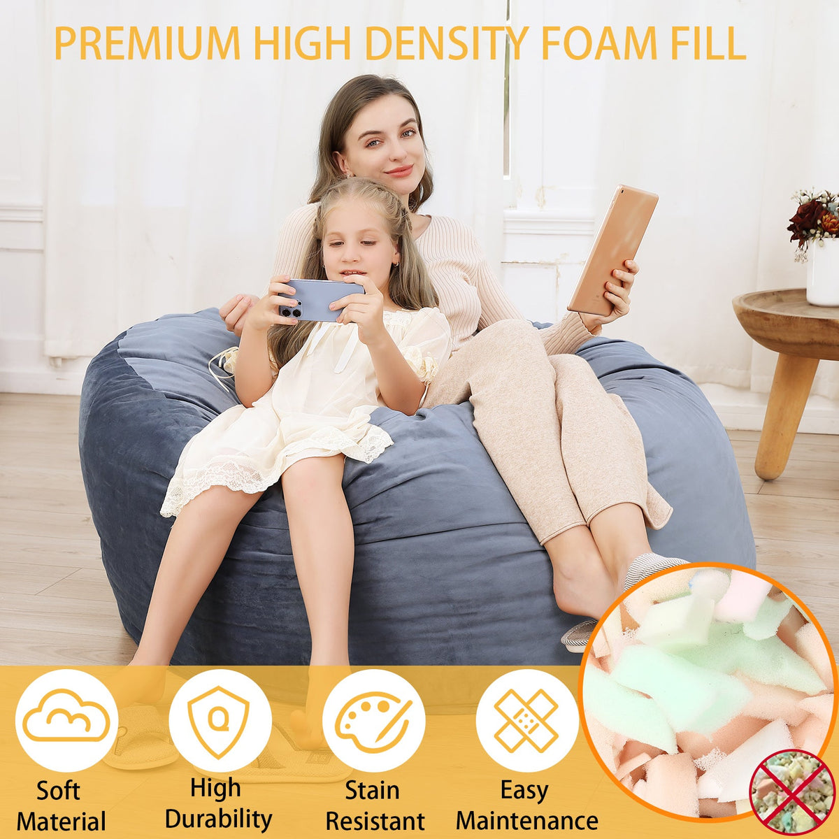Pouf Garvee de 120 cm en mousse à mémoire de forme, grand format, style canapé, housse douce en microfibre, amovible, gris, pour le salon et la détente