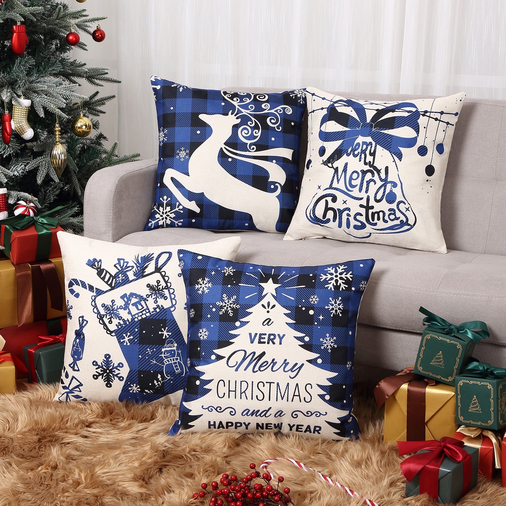 Housses de coussin de Noël Garvee 45 x 45 cm, motif cerf et clochette, polyester, fermeture éclair invisible, ensemble de 4 pièces, décoration pour salon et chambre