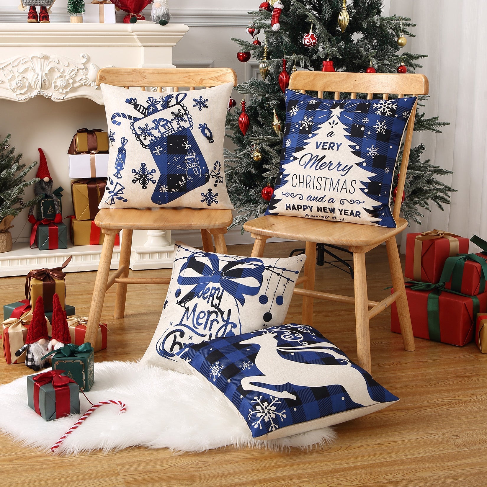 Housses de coussin de Noël Garvee 45 x 45 cm, motif cerf et clochette, polyester, fermeture éclair invisible, ensemble de 4 pièces, décoration pour salon et chambre