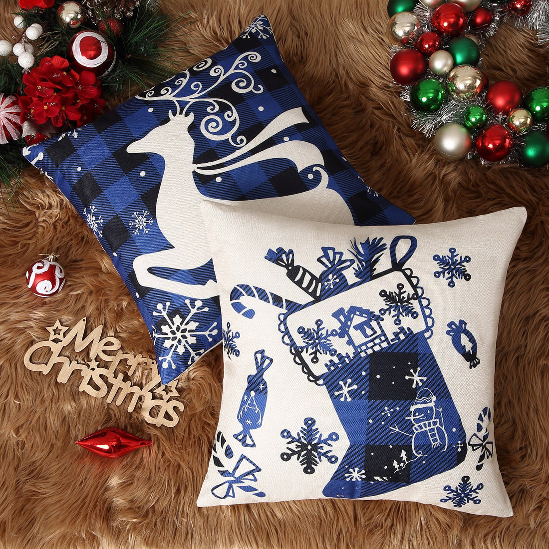 Housses de coussin de Noël Garvee 45 x 45 cm, motif cerf et clochette, polyester, fermeture éclair invisible, ensemble de 4 pièces, décoration pour salon et chambre
