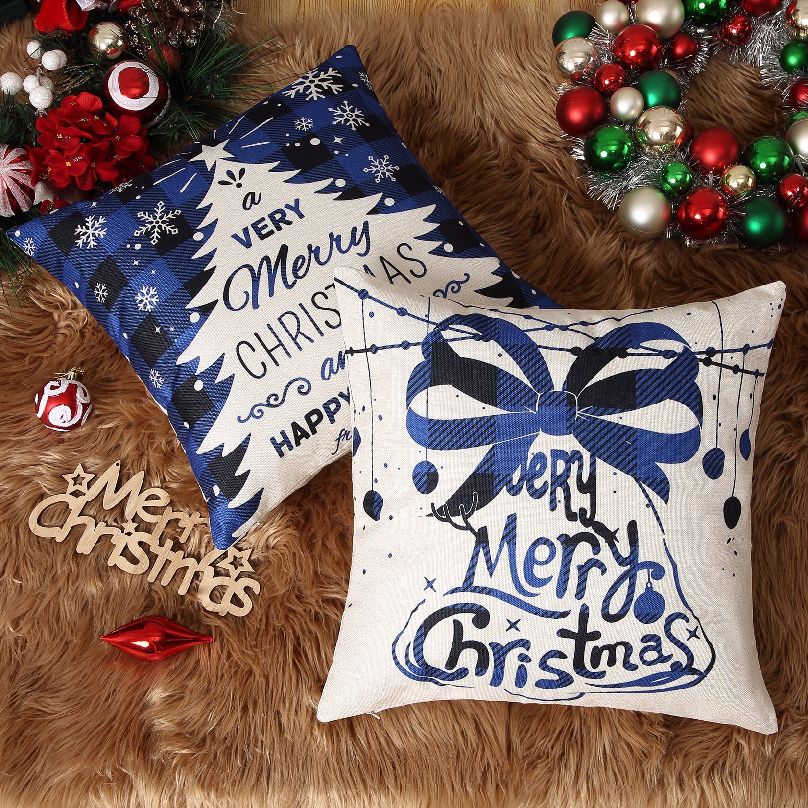 Housses de coussin de Noël Garvee 45 x 45 cm, motif cerf et clochette, polyester, fermeture éclair invisible, ensemble de 4 pièces, décoration pour salon et chambre
