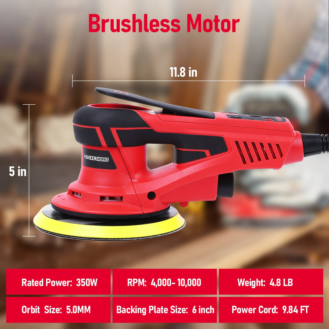 Ponceuse orbitale aléatoire électrique Garvee 350 W sans balais, 10 000 tr/min, 150 mm, polissage du bois, faibles vibrations, ergonomique et compacte pour atelier, noire
