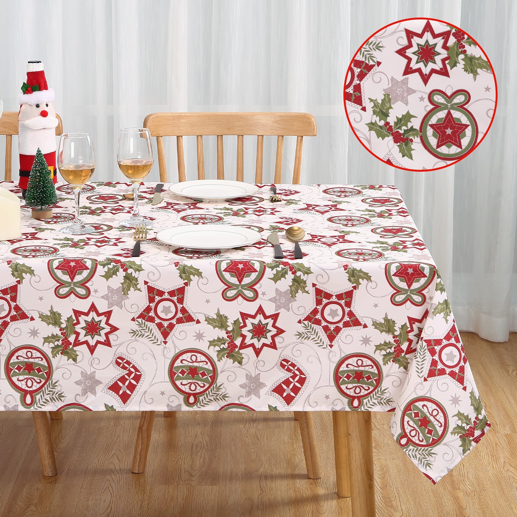 Nappe de Noël Garvee 132 x 229 cm (52 x 90 pouces) en polyester résistant à l'huile et aux plis, facile à nettoyer, motif festif rectangulaire, pour intérieur et extérieur.