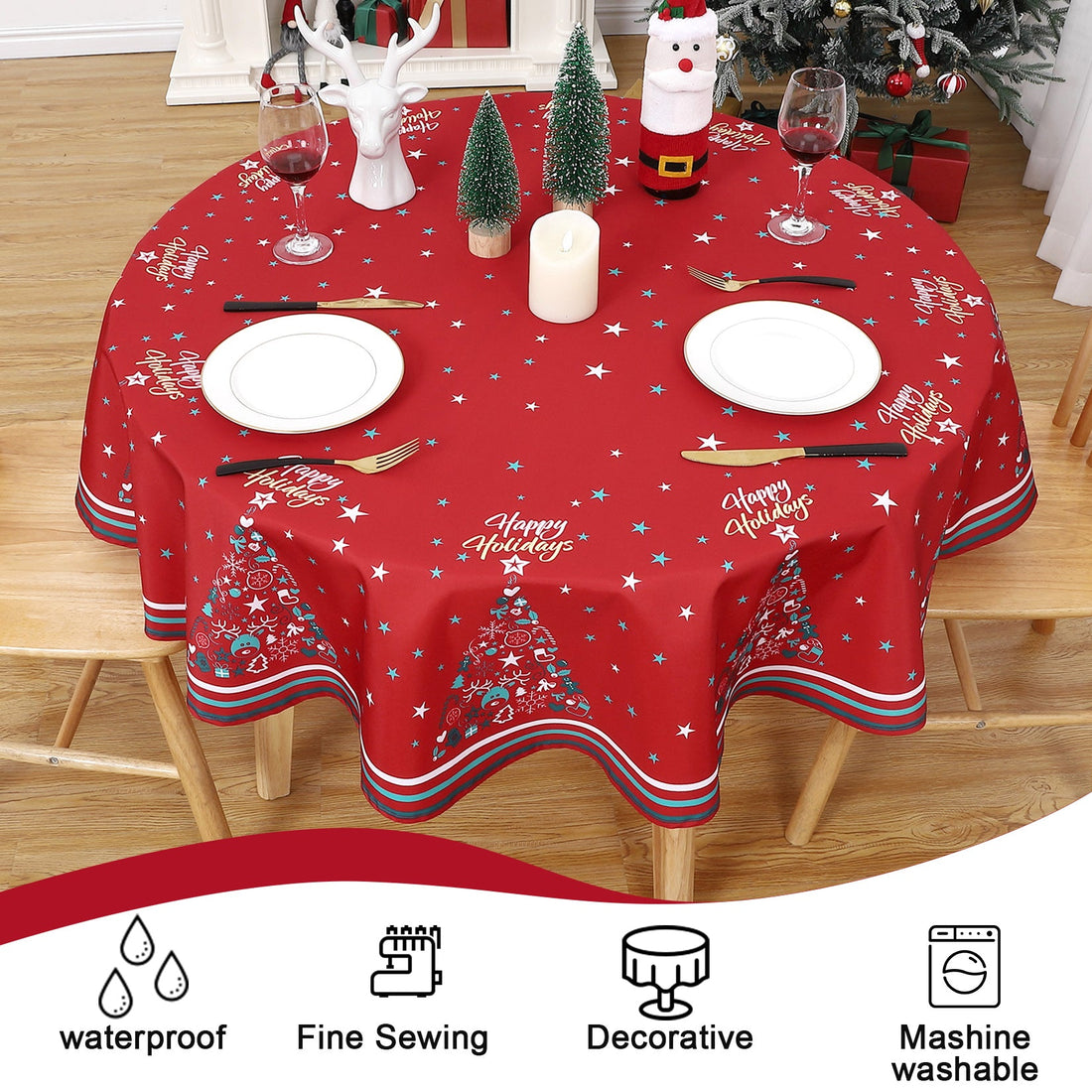 Chemin de table rond Garvee pour Noël, imperméable et lavable, décoratif pour la cuisine et les fêtes.