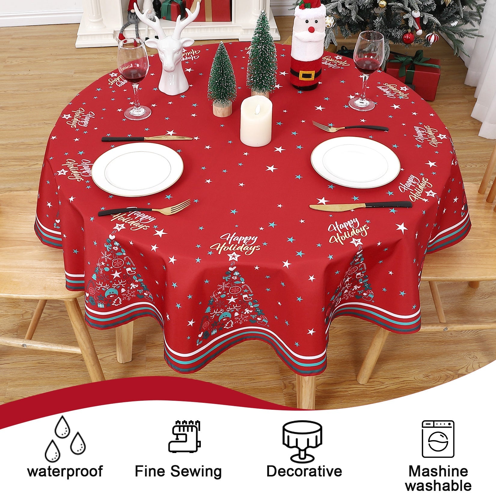 Chemin de table rond Garvee pour Noël, imperméable et lavable, décoratif pour la cuisine et les fêtes.