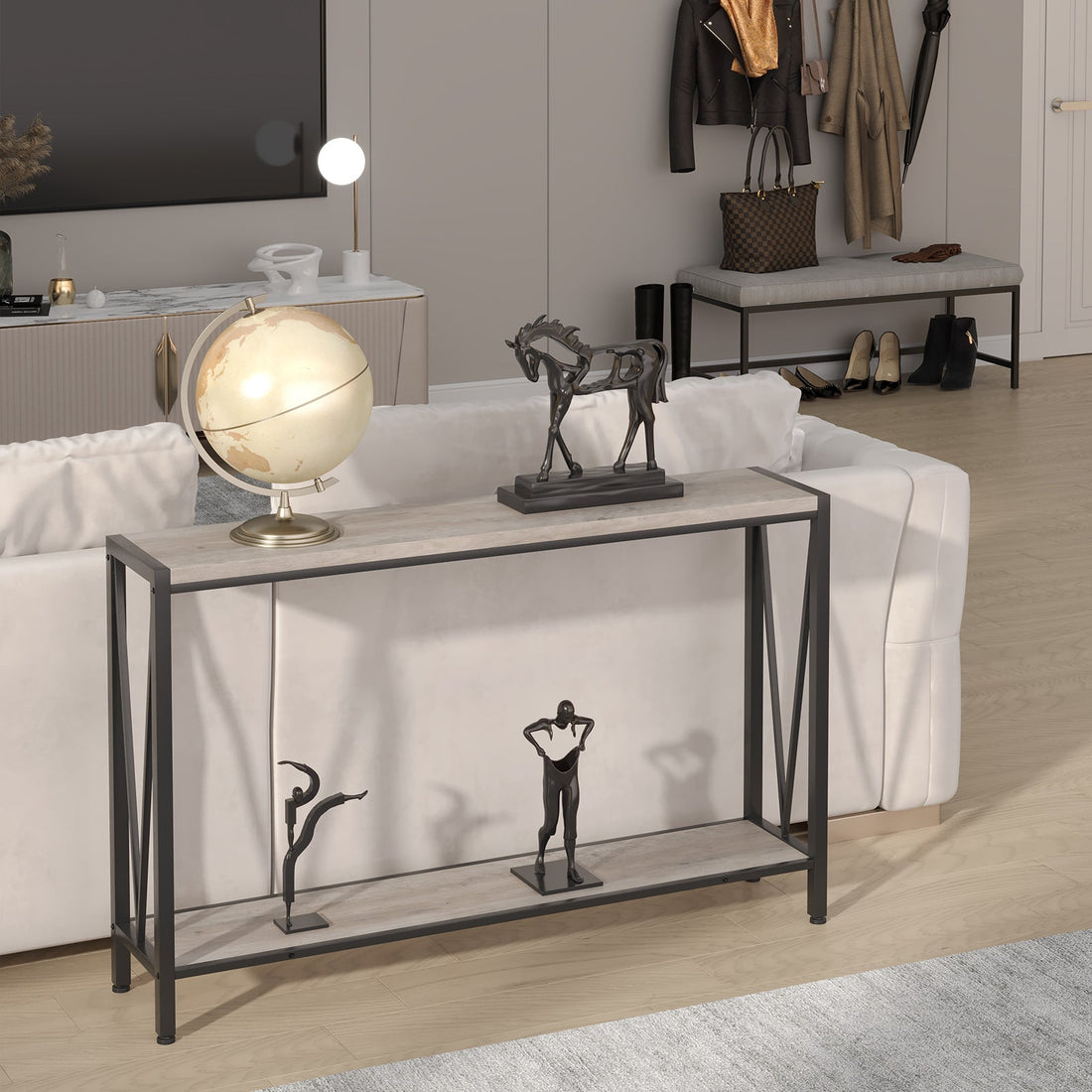 Garvee Console d’entrée étroite 110 x 25 x 76 cm, bois MDF et acier, rangement 2 niveaux, style naturel, idéale entrée, salon et couloir.