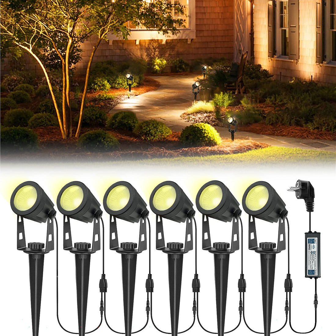Lot de 6 projecteurs de jardin Garvee avec alimentation, portée de 21 m, étanchéité IP65, rotation à 270°, blanc chaud, pour arbres et terrasse. Idéal pour le jardin et la cour.
