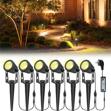 Garvee Lot de 6 projecteurs de jardin avec alimentation, portée de 21 m, étanchéité IP65, rotation à 270°, blanc chaud, pour arbres et terrasse. Idéal pour le jardin et la cour