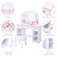 Coiffeuse Garvee pour enfants avec miroir à trois compartiments, rangement et bords arrondis, en MDF blanc, pour filles de 3 à 9 ans, salon et chambre