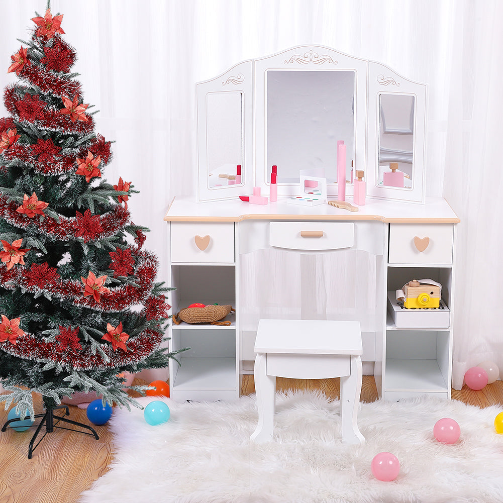 Coiffeuse Garvee pour enfants avec miroir à trois compartiments, rangement et bords arrondis, en MDF blanc, pour filles de 3 à 9 ans, salon et chambre