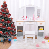 Coiffeuse Garvee pour enfants avec miroir à trois compartiments, rangement et bords arrondis, en MDF blanc, pour filles de 3 à 9 ans, salon et chambre