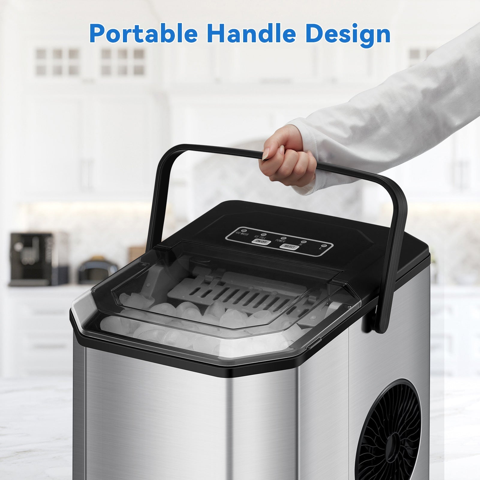 Machine à glaçons GARVEE, 12 kg/24 h, produit 9 glaçons en 6 minutes, avec pelle et panier à glaçons, autonettoyante, en acier inoxydable, idéale pour les fêtes, les bureaux, les bars et les camping-cars.