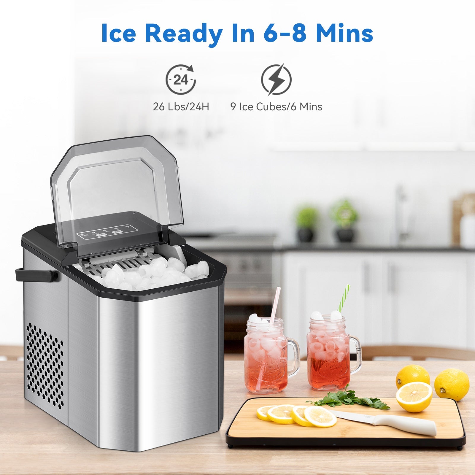 Machine à glaçons GARVEE, 12 kg/24 h, produit 9 glaçons en 6 minutes, avec pelle et panier à glaçons, autonettoyante, en acier inoxydable, idéale pour les fêtes, les bureaux, les bars et les camping-cars.