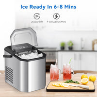 Machine à glaçons GARVEE, 12 kg/24 h, produit 9 glaçons en 6 minutes, avec pelle et panier à glaçons, autonettoyante, en acier inoxydable, idéale pour les fêtes, les bureaux, les bars et les camping-cars.