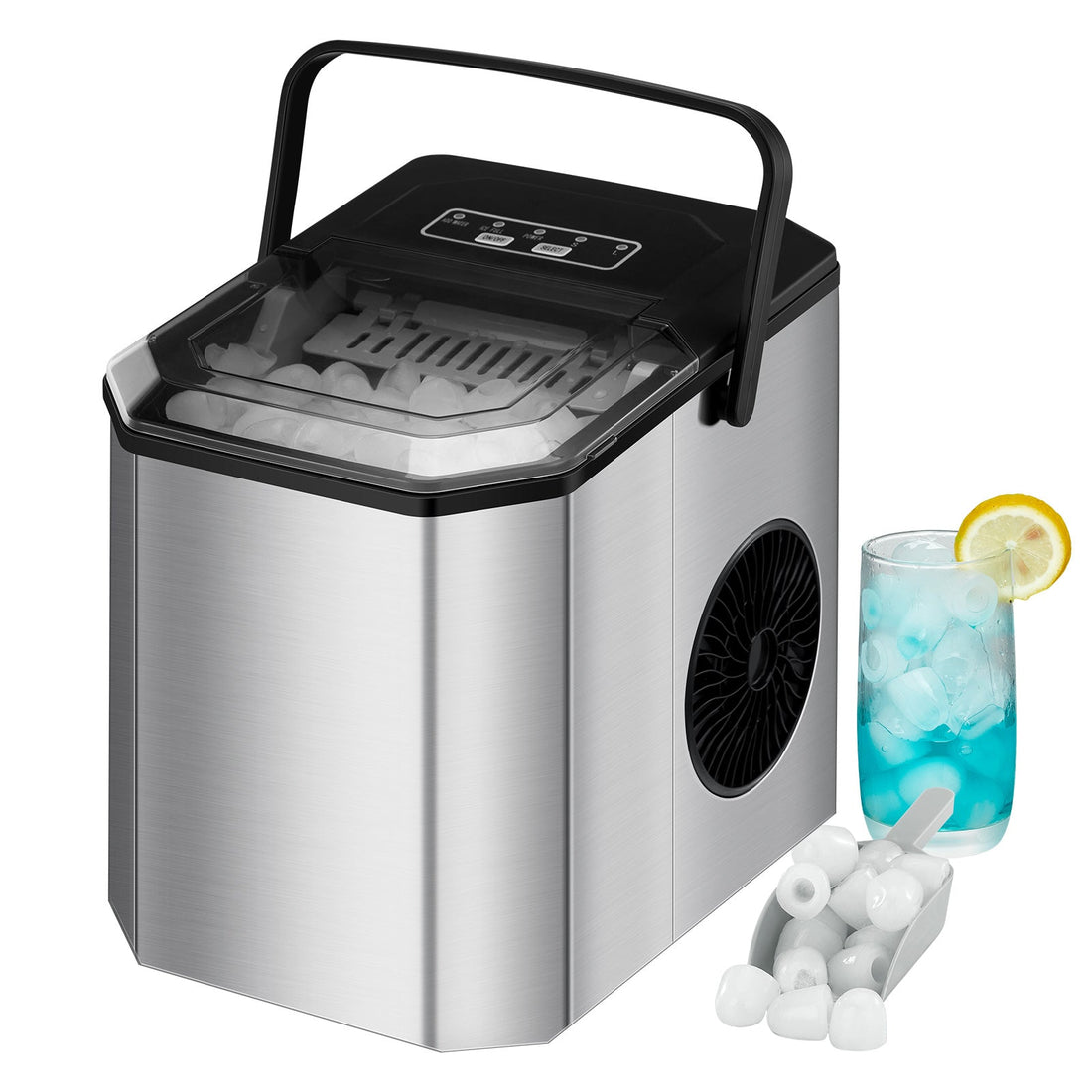 Machine à glaçons GARVEE, 12 kg/24 h, produit 9 glaçons en 6 minutes, avec pelle et panier à glaçons, autonettoyante, en acier inoxydable, idéale pour les fêtes, les bureaux, les bars et les camping-cars.