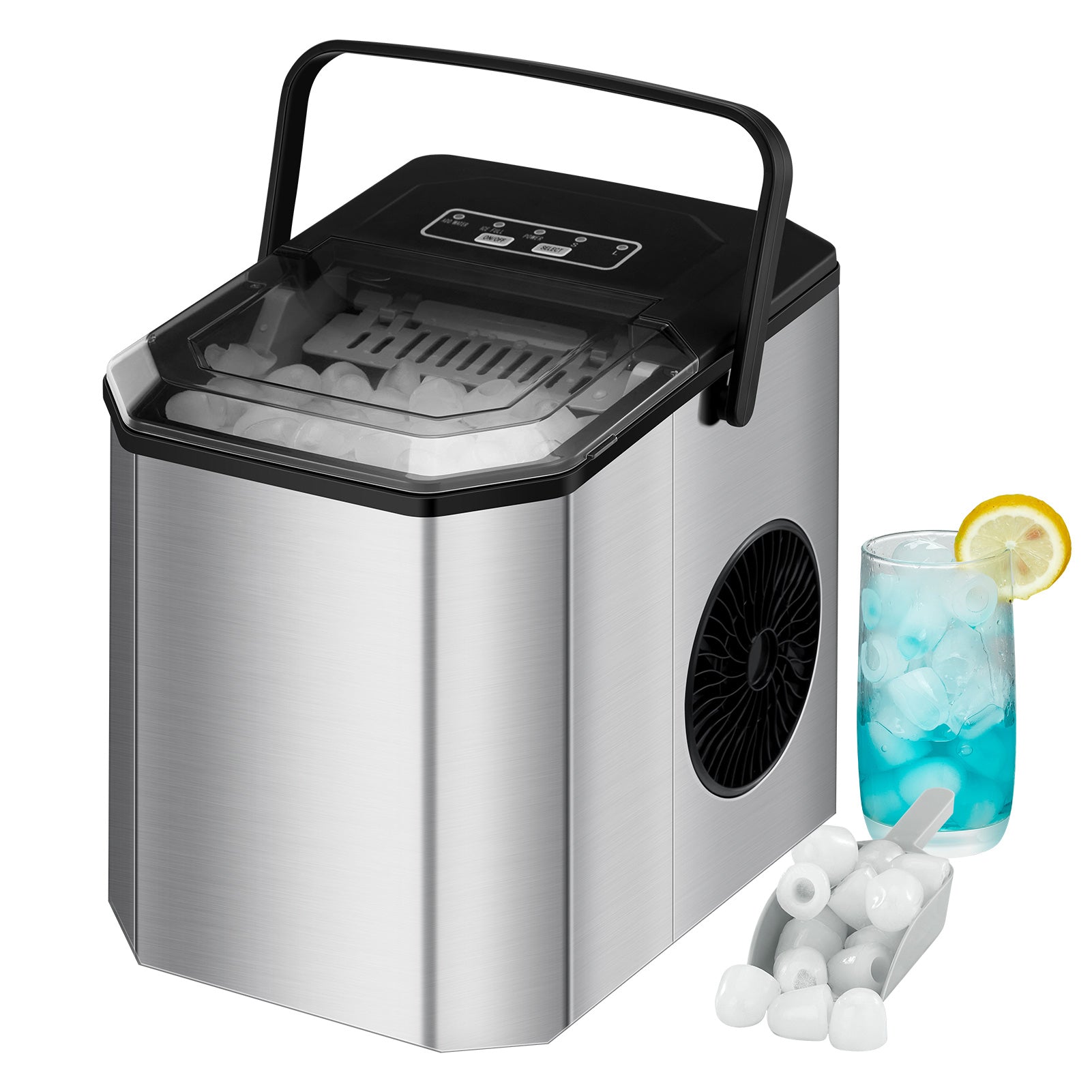 Machine à glaçons GARVEE, 12 kg/24 h, produit 9 glaçons en 6 minutes, avec pelle et panier à glaçons, autonettoyante, en acier inoxydable, idéale pour les fêtes, les bureaux, les bars et les camping-cars.