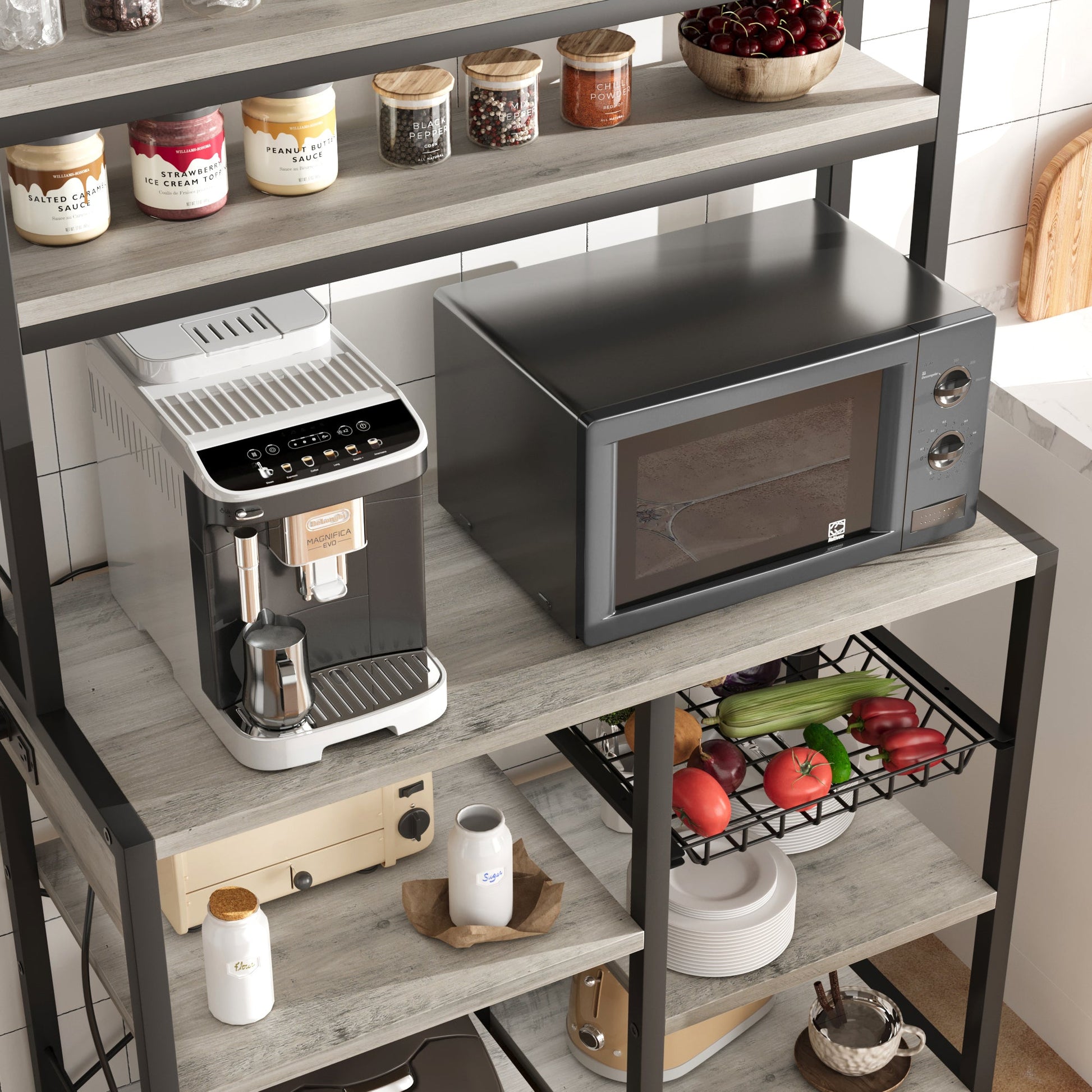 Étagère à micro-ondes Garvee Bakers Rack avec prises, 6 niveaux, en métal robuste, pour la cuisine et la salle à manger, 90 cm (L) x 40 cm (P), noire