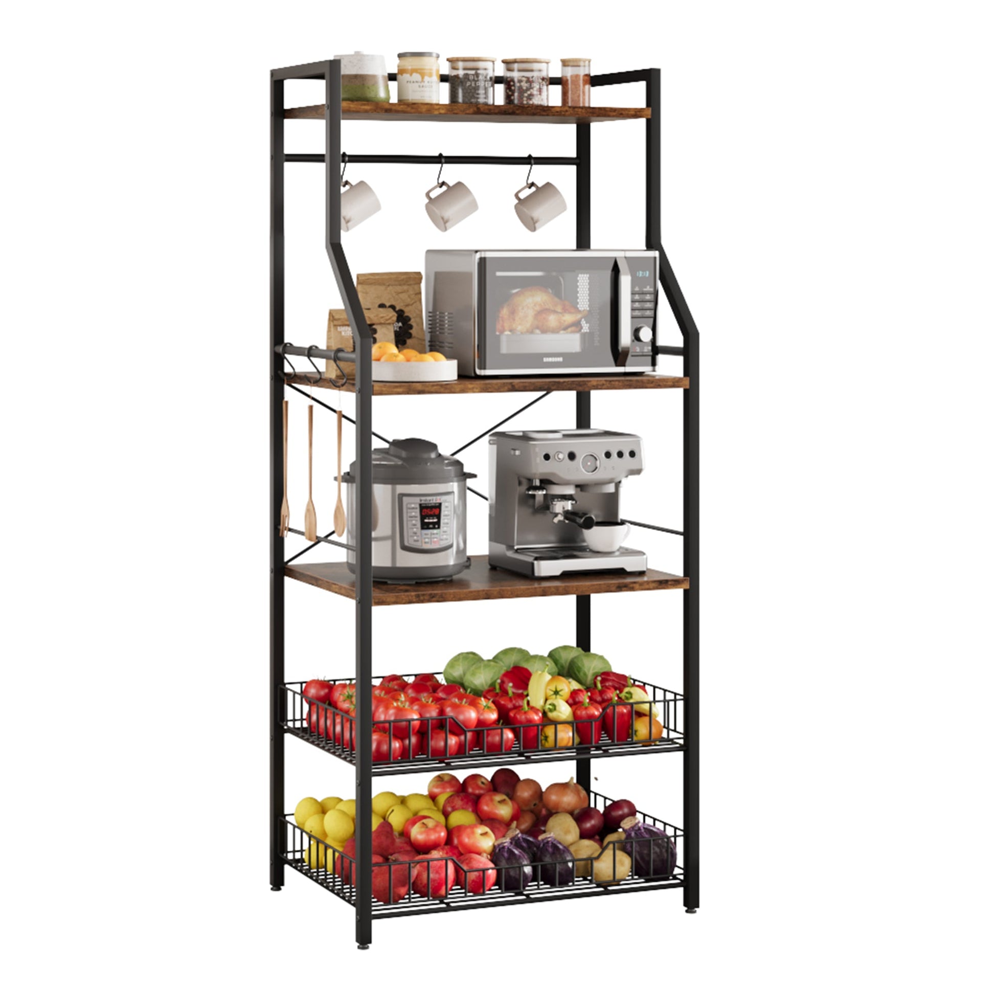 Étagère de cuisine Garvee sur pied avec 2 grands paniers métalliques, 5 niveaux, robuste et durable, idéale pour le rangement en cuisine ou dans un coin café, en MDF et acier.