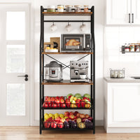 Étagère de cuisine Garvee sur pied avec 2 grands paniers métalliques, 5 niveaux, robuste et durable, idéale pour le rangement en cuisine ou dans un coin café, en MDF et acier.