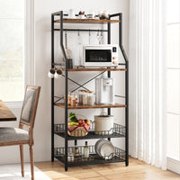 Étagère de cuisine Garvee sur pied avec 2 grands paniers métalliques, 5 niveaux, robuste et durable, idéale pour le rangement en cuisine ou dans un coin café, en MDF et acier.